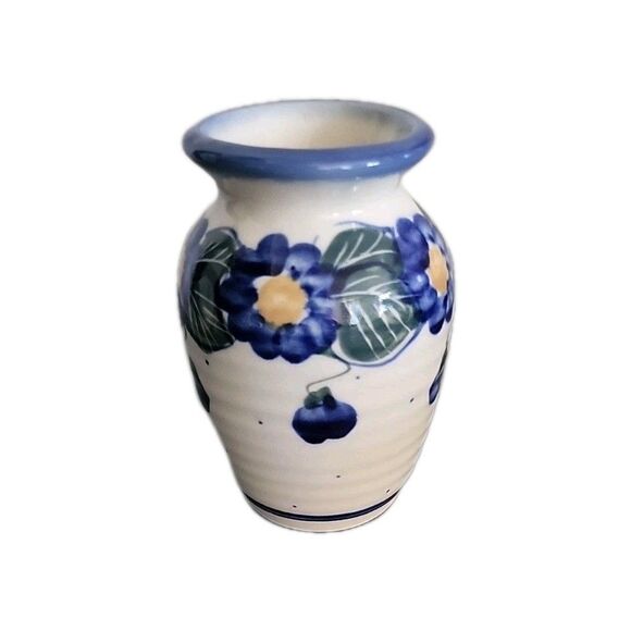 Boleslawiec Vintage WR UNIKAT Polish Pottery Blue FlowersPATTERN VASE 3.25" EUC - Picture 1 of 8